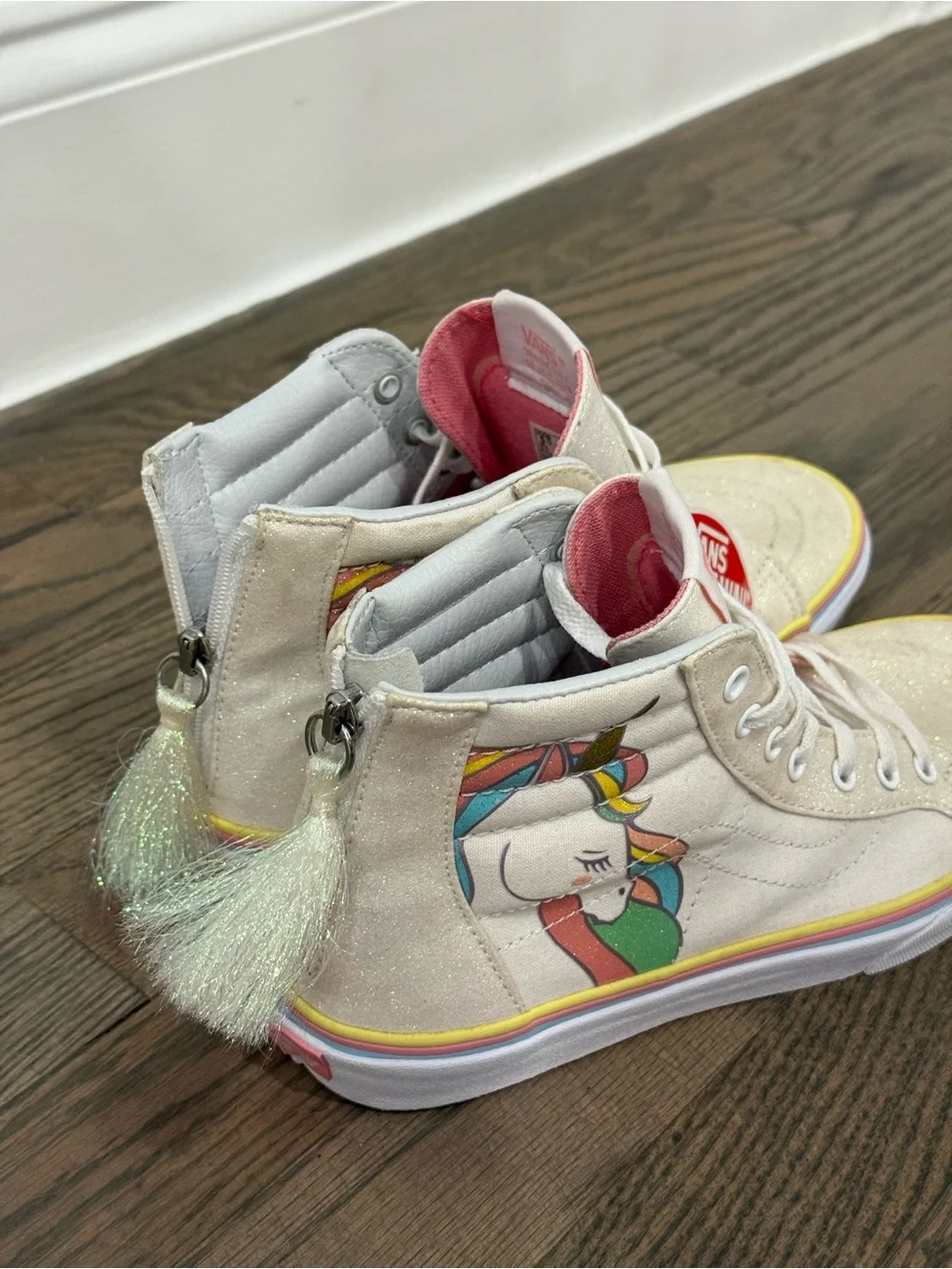 VANS Sk8-Hi Zip Rainbow Unicorn Glitter Sneaker Shoes White Pink Youth US Size 6